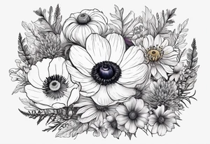 one white anemone with black center in the middle of mixed colorful wildflowers all with different shapes including thistles, ferns, ranuculus, and sun flowers tattoo idea