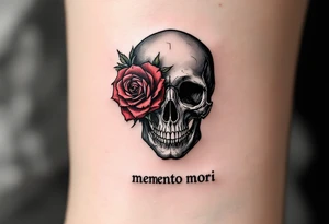 A black and gray skull with a wilted red rose wrapped around it, the quote "memento mori" etched beneath in classic serif script. tattoo idea
