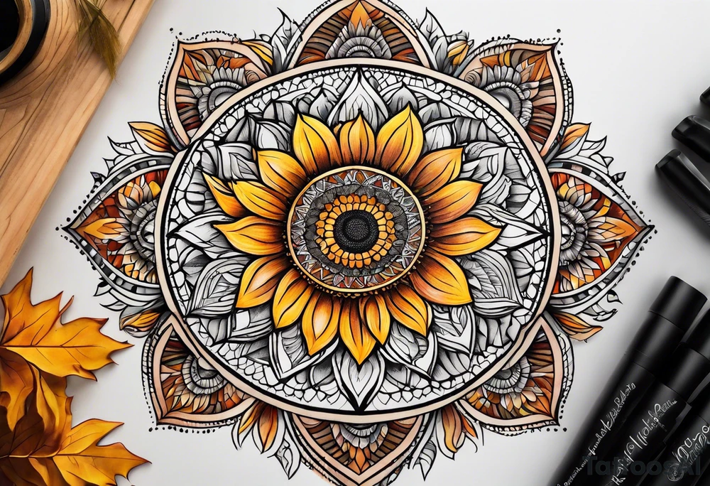 geometric sunflower mandala Knee tattoo in fall colors tattoo idea