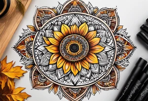 geometric sunflower mandala Knee tattoo in fall colors tattoo idea
