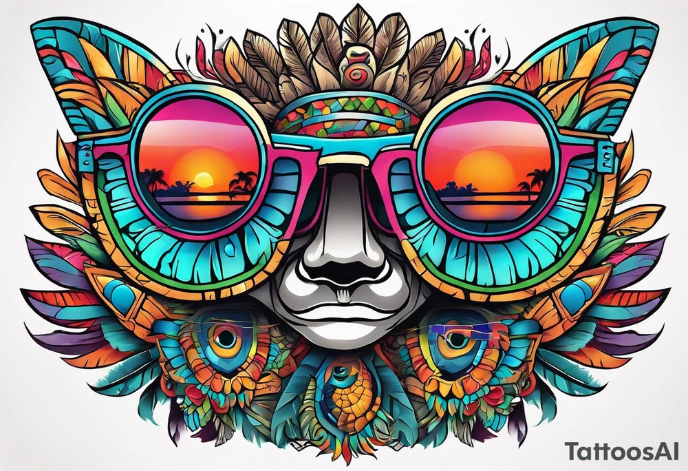 Colorful Mayan hieroglyph wearing sunglasses with water bats and peacock feathers tattoo idea