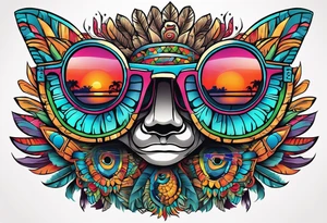 Colorful Mayan hieroglyph wearing sunglasses with water bats and peacock feathers tattoo idea