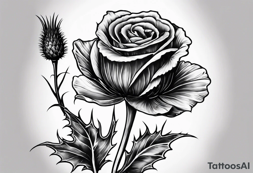 A thistle and a yellow rose and a shamrock whose stems spell KND tattoo idea