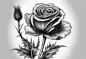 A thistle and a yellow rose and a shamrock whose stems spell KND tattoo idea