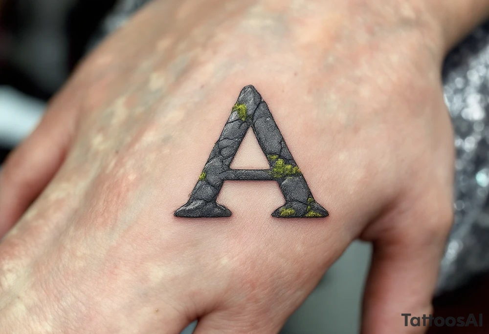 A cracked stone "A" in granite gray with mossy green details. tattoo idea