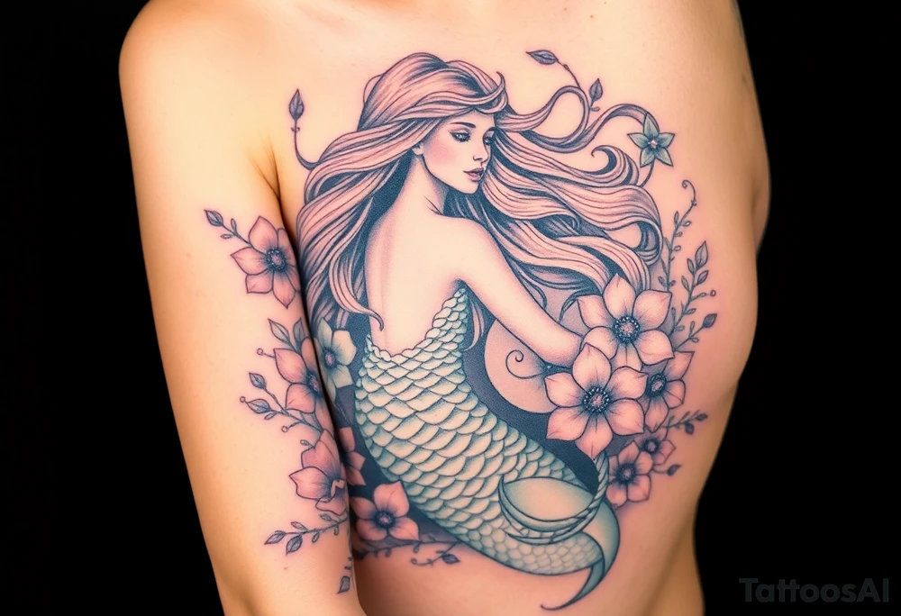 ethereal mermaid with flowing hair among coral and sea flowers tattoo idea