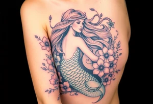 ethereal mermaid with flowing hair among coral and sea flowers tattoo idea