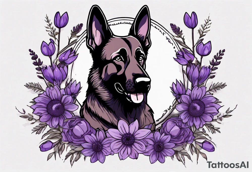 Dark Brown female German shepherd portrait surrounded by purple daisies tattoo idea