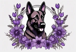 Dark Brown female German shepherd portrait surrounded by purple daisies tattoo idea