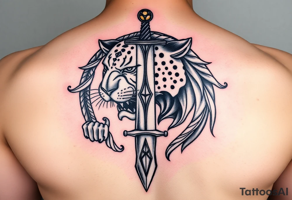 mystical panther around an ancient dagger with jeweled hilt tattoo idea