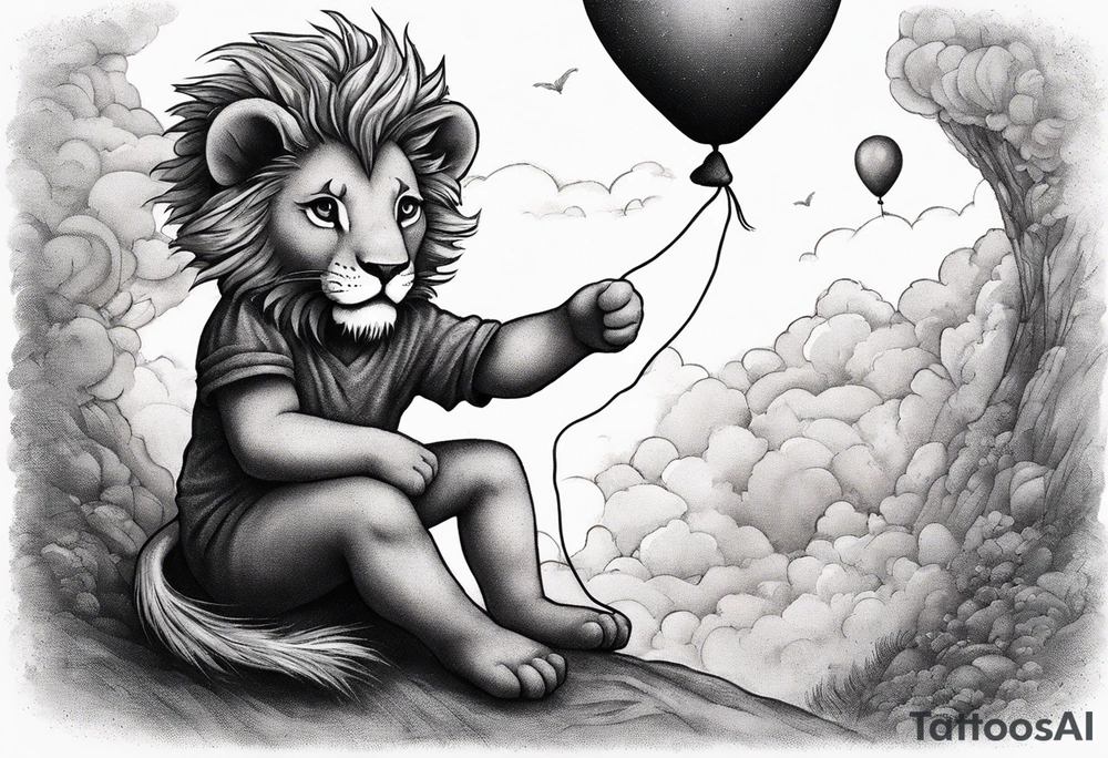 tatoo in sketch style only.
A little lion boy is holding a string to the hearth shaped small party baloon.
lion boy should be drawed from behind and has one hand reaching up in 45 degree angle and holding the baloon string
On the string is a wave which look like a hearbeat pulse.
draw it without any scenery, without any background. Just a boy 
Add heartbeat pulse on the string tattoo idea