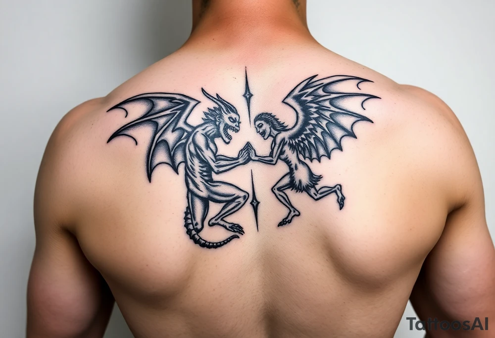 Demon vs angel fighting tattoo idea