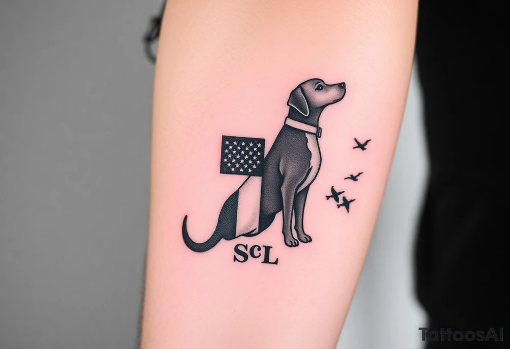 Small forearm Hunting tattoo featuring an upland dog silhouette, Italian and American flag, SSL initials, with some ducks in sky tattoo idea