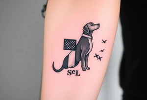 Small forearm Hunting tattoo featuring an upland dog silhouette, Italian and American flag, SSL initials, with some ducks in sky tattoo idea