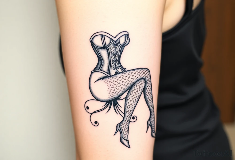 Seated woman, wearing a corset, fishnet tights and stilettos tattoo idea