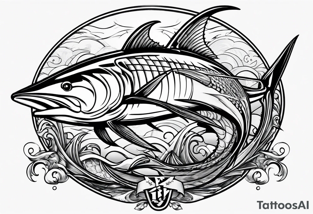 viking superhero catching a blue marlin with tuna jumping tattoo idea