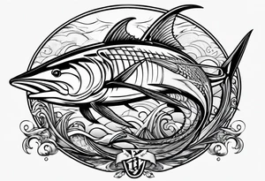 viking superhero catching a blue marlin with tuna jumping tattoo idea