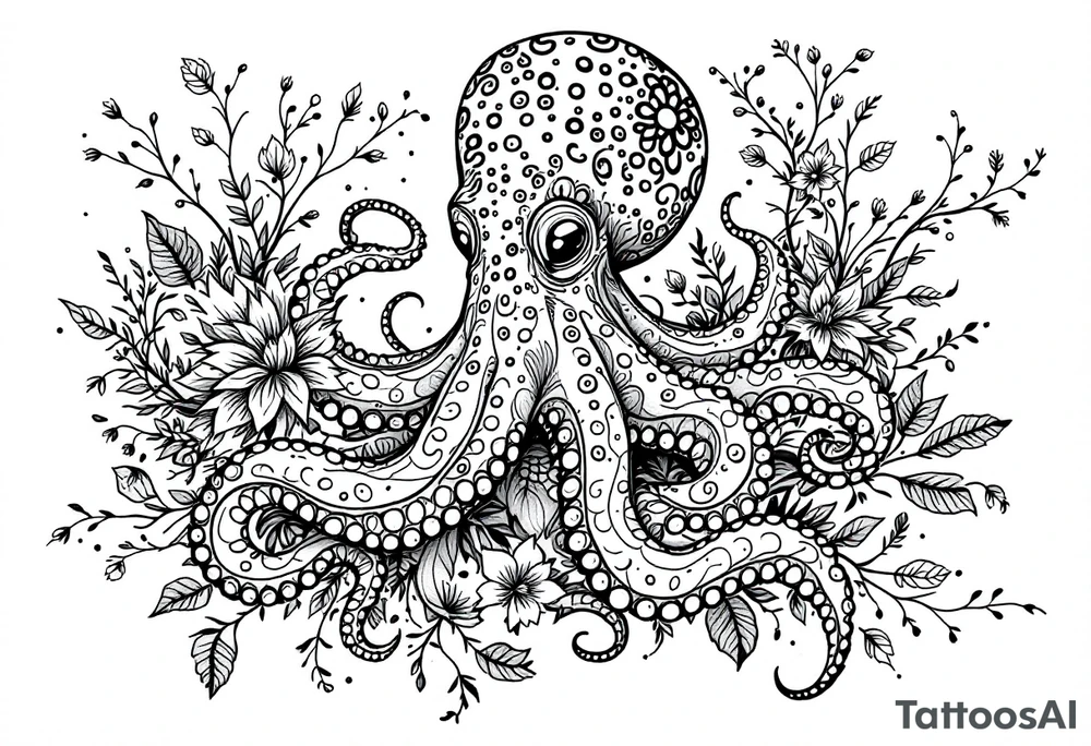 realistic octopus, detailed linework, intricate, black-and-grey shading, surrounded by floral ornaments, intertwining and merging with flowers, thin black swirling lines, semi-transparent brown leaves, dotwork, ornamental flourishes, radiating design, fine-line style, minimalistic, organic flow, feminine, artistic, slightly surreal, seamless composition, marine botanical fusion, lifelike texture, graceful rhythm, smooth shading, soft leaves wrapping, blooming shoulder flower, outward radiating pattern, vine tentacle flow, integrated sea creature, botanical octopus curved body placement, natural organic movement tattoo idea