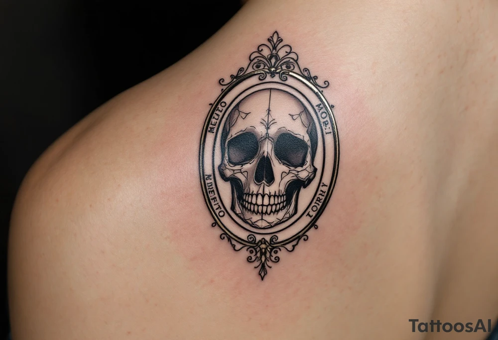 A Victorian-style framed mirror reflecting a skull in muted silver and black, with "memento mori" engraved along the edge. tattoo idea