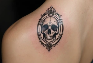 A Victorian-style framed mirror reflecting a skull in muted silver and black, with "memento mori" engraved along the edge. tattoo idea