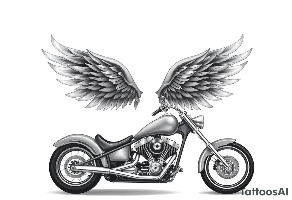 Low rider grey motorcycle, flames, angel wings tattoo idea