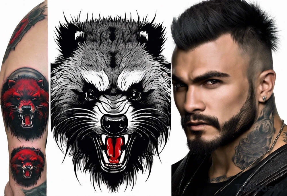 Draw me psychopath Honey Badger/Berserker with aggressive full body, killer face with a scary smile, very long nails and he attacks like a Bloody Assassin/Warrior/Gladiator to us and also, he has very deadly looking. He fights with his nails. Everybody scares after their first sight. Give me horror type Badger Tattoo. I want to see his Realistic full body. tattoo idea