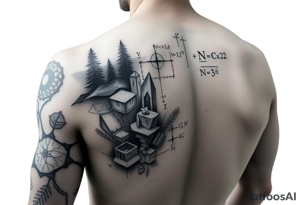 Math and nature on upper arm and shoulder, calculus with masculine features tattoo idea