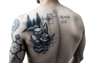 Math and nature on upper arm and shoulder, calculus with masculine features tattoo idea