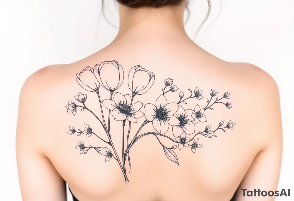 tulips, cherry blossoms and love creepers, floral arm wrap details tattoo idea