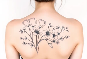 tulips, cherry blossoms and love creepers, floral arm wrap details tattoo idea