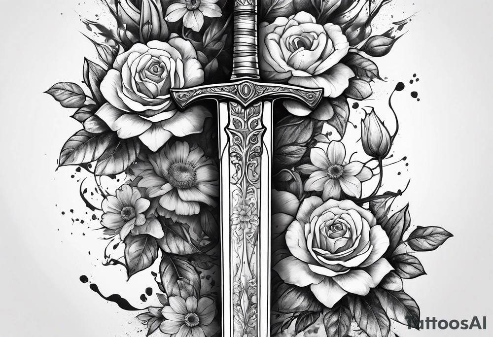 bloody sword with flowers tattoo idea