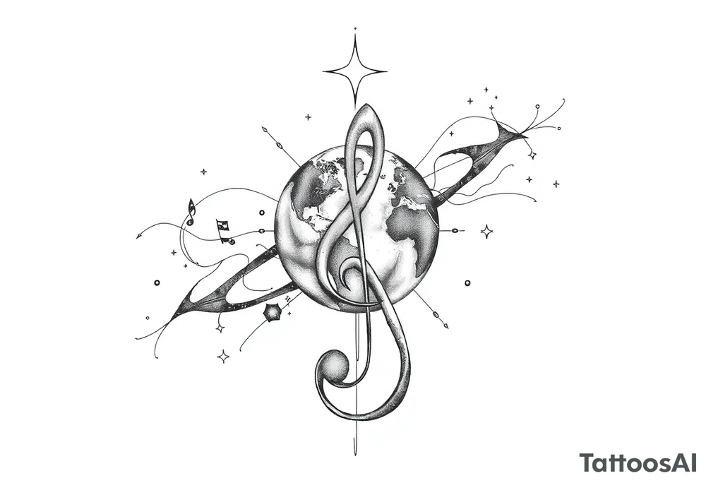 system of the universe with earth and a clef for my love to music, tattoo idea