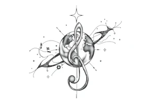 system of the universe with earth and a clef for my love to music, tattoo idea