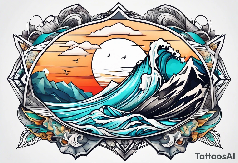 Mountains and big ocean waves  crashing diamond shape half and half tattoo idea