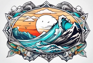 Mountains and big ocean waves  crashing diamond shape half and half tattoo idea