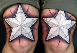 Distressed white stars with cracked textures, centered on each kneecap, resembling aged paint on concrete for a rugged look. tattoo idea