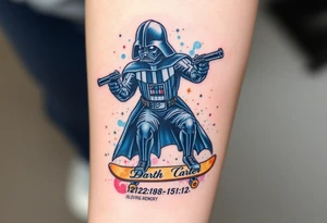 Darth Vader skateboarding with gun> bullets > memorial > god > colors > futuristic 
add name "Darth Carter" on skateboard
add date in loving memory 12/29/88-01/06/24 tattoo idea
