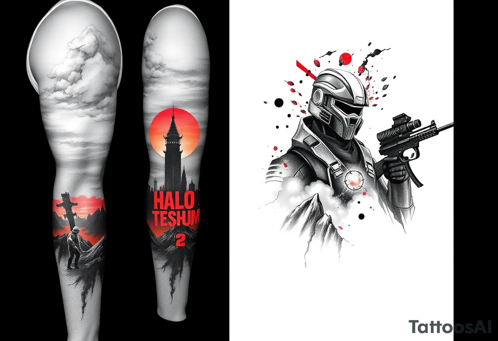 Full arm sleeve tattoo design showing tattoo on a model arm, black and grey sketch incorporating the following 
Halo Reach: skyline in storm clouds with ember-red glow, emille silhouette in distance on the inner arm
Ghost of Tsushima: Jin Sakai face and mask, katana behind, with flowing blood-red cherry blossoms drifting across on inner forearm
Helldivers 2: silhouettes of Helldivers dropping from pods through smoke and sparks (orange sparks glowing), on the outer arm
DOOM Eternal: hyper-realistic Doom Slayer silhouette with super shotgun over shoulder, fire and flames around on the outer forearm



Inner left arm: Firewatch tower in silhouette on ridges, orange and purple dusk glow blending into smoke. tattoo idea