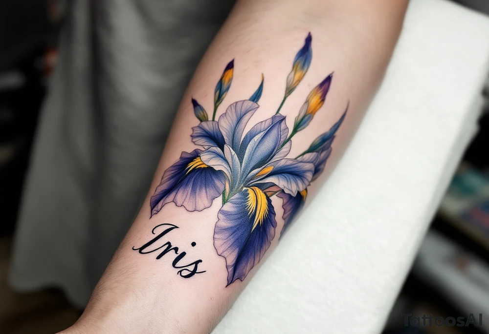 big iris flower with the name “IRIS” written in the stem of the flower in cursive on the outside of the forearm tattoo idea