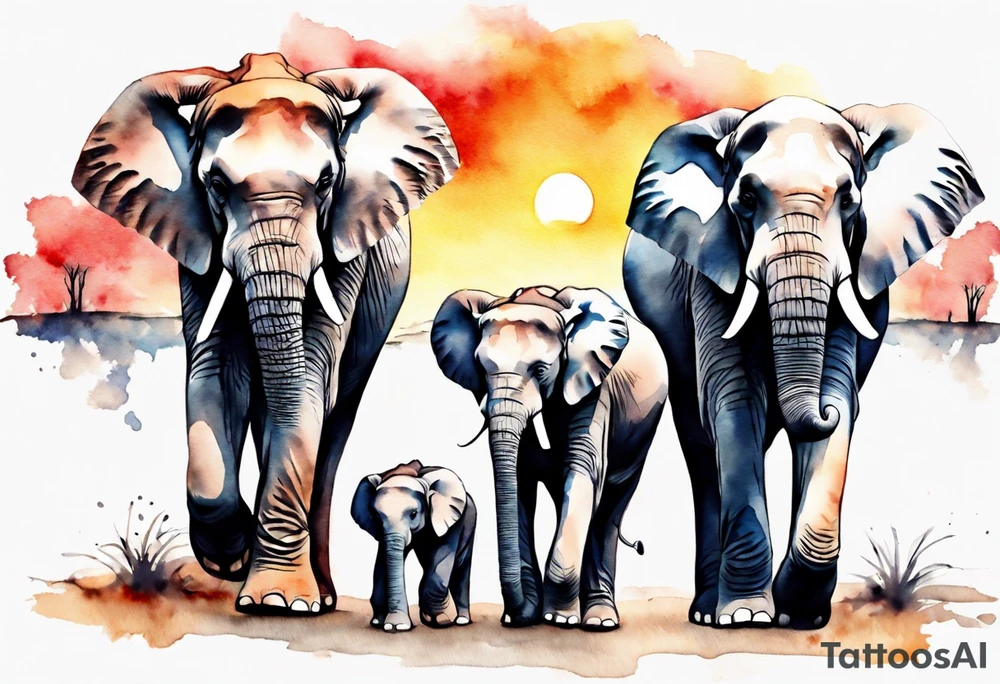 family of 6 elephants walking into sunset tattoo idea