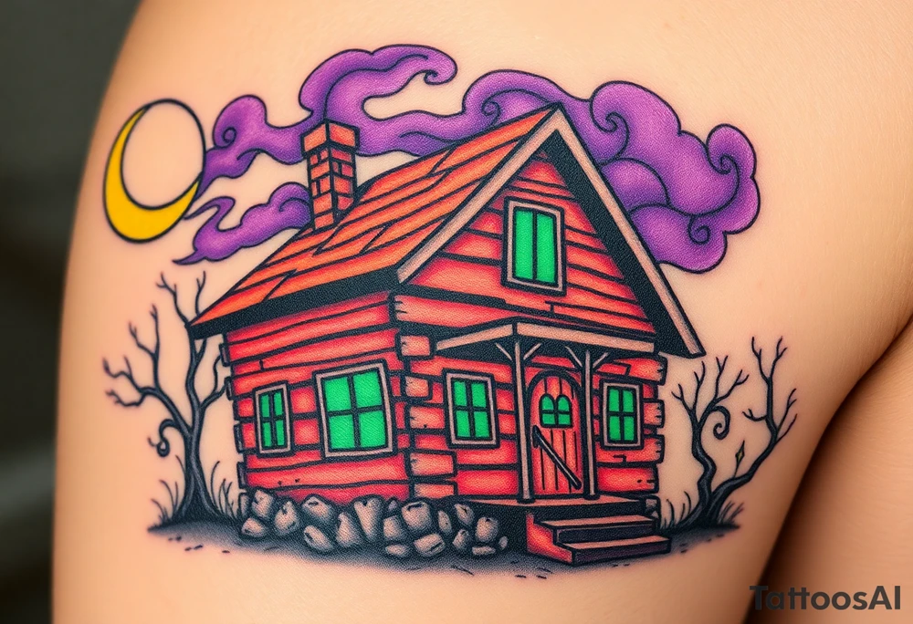Tim Burton’s haunted pastel wood cabin home is abandoned and dripping with muted reds, dusty pinks, and eerie green glow.purple and cyan smokey clouds swirl in the crescent moonlit sky thats sprinkled with stars tattoo idea tattoo idea