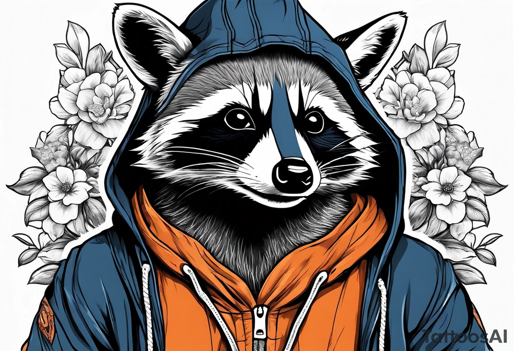 raccoon wearing a Superman hoodie with orange blossoms tattoo idea