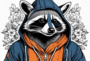 raccoon wearing a Superman hoodie with orange blossoms tattoo idea