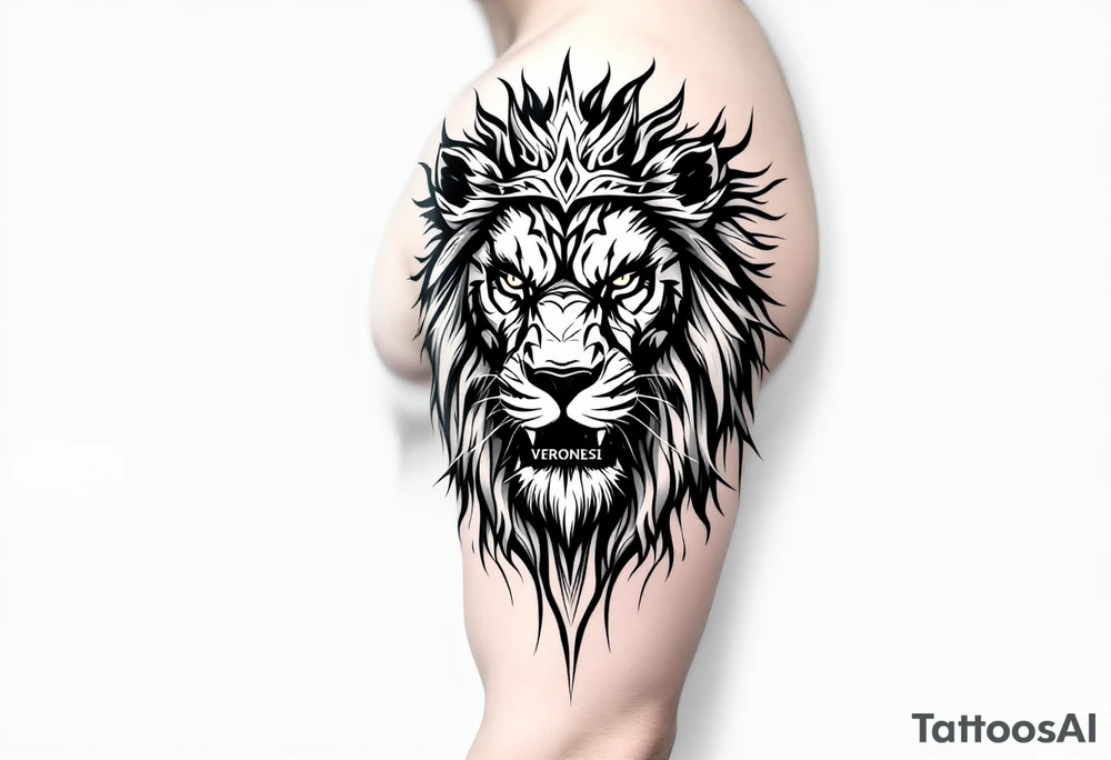 Realistic angriest lion with whole body with crown and "VERONESI" name add on it tattoo idea