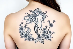 ethereal mermaid with flowing hair among coral and sea flowers tattoo idea