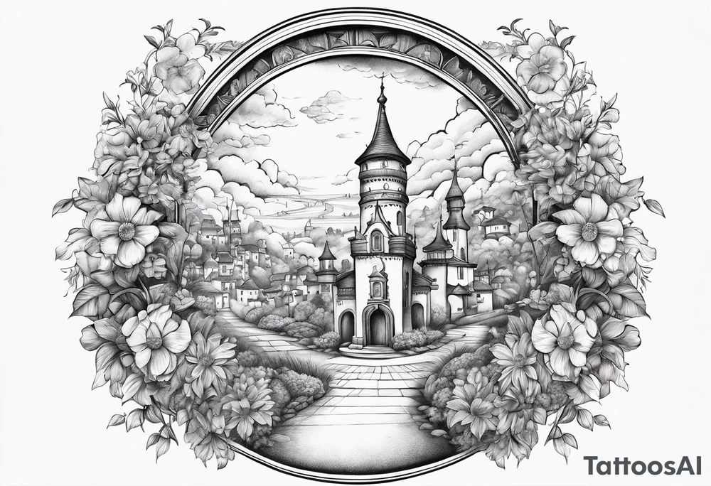 heaven town with tower houses gate entrance
in circle vignette surrounded by clouds flowers tattoo idea
