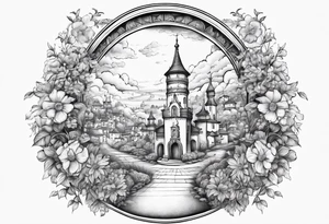 heaven town with tower houses gate entrance 
 in circle vignette surrounded by clouds flowers tattoo idea