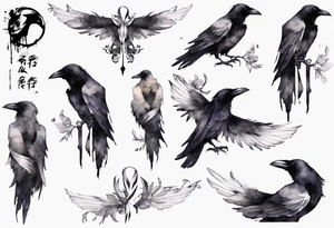 raven with a white ribbon tied around leg tattoo idea