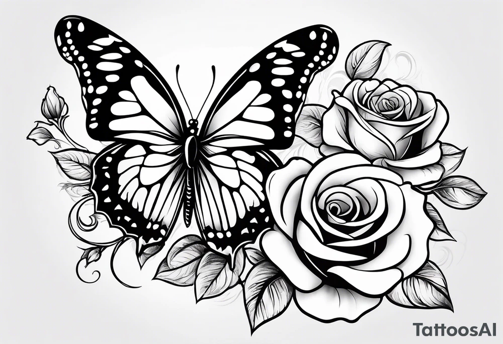 Butterfly flying with roses & filligree tattoo idea