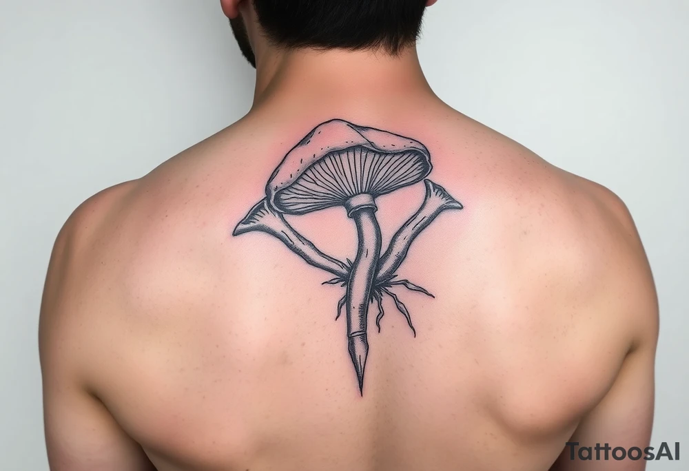 teschio con radici di funghi tattoo idea